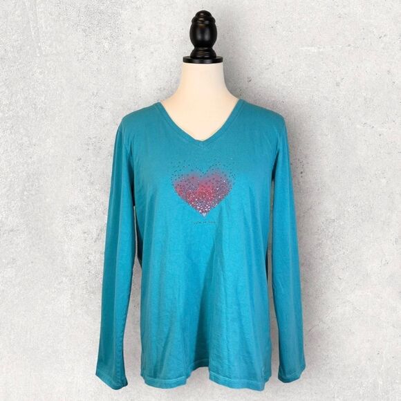 Life Is Good Crusher Tee Teal Long Sleeve Heart Print Classic Fit, Size L - Picture 1 of 11